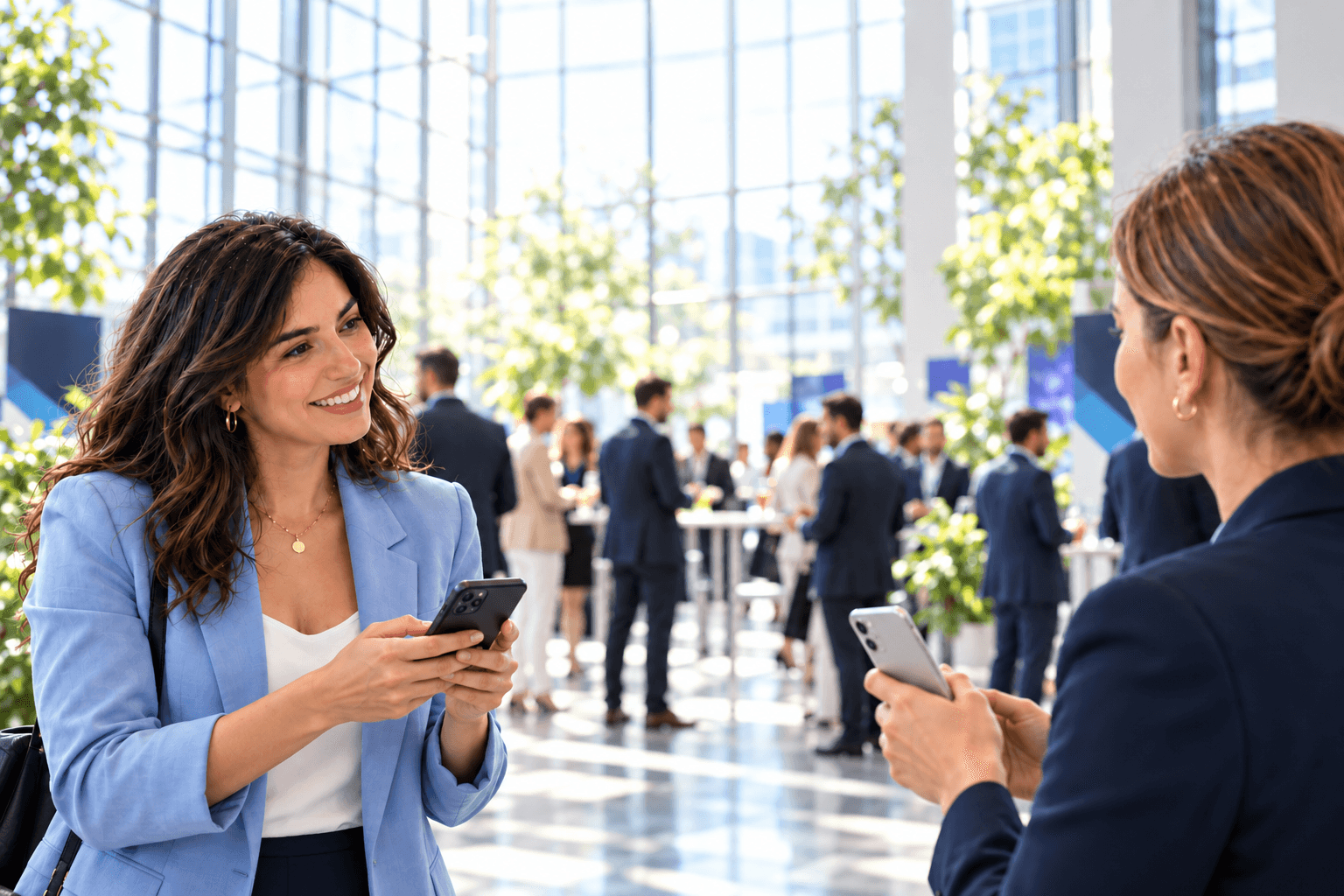 Dos profesionales conversan y comparten sus datos con sus celulares en un encuentro de negocios.